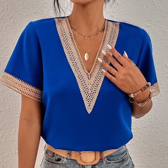 BellanBlue Tops - Bohemian Royal Blue V neck Lace Solid Minimalist Blouse